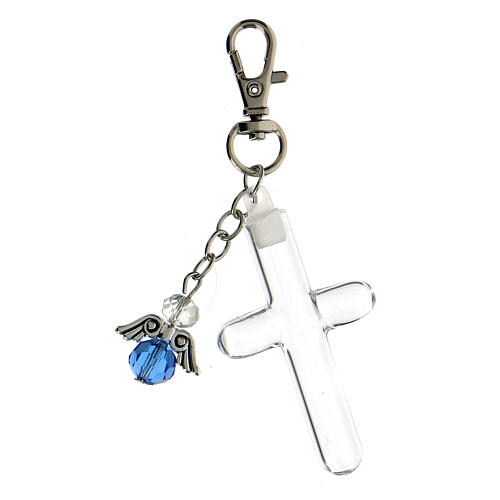 Schlüsselbund mit Anhänger in Form eines hellblauen Engels und mit einem öffnenden Kreuz 1