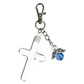 Key ring with light blue angel pendant and opening cross
