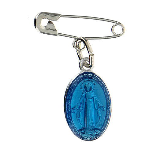 Silvery Miraculous Medal with clear blue enamel and safety pin 1