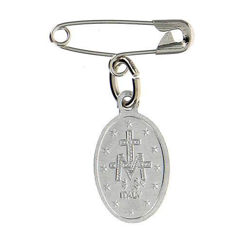 Silvery Miraculous Medal with clear blue enamel and safety pin 2