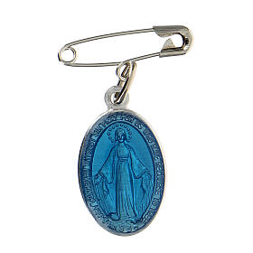 Miraculous Medal on safety pin, clear blue enamel, 18x13 mm