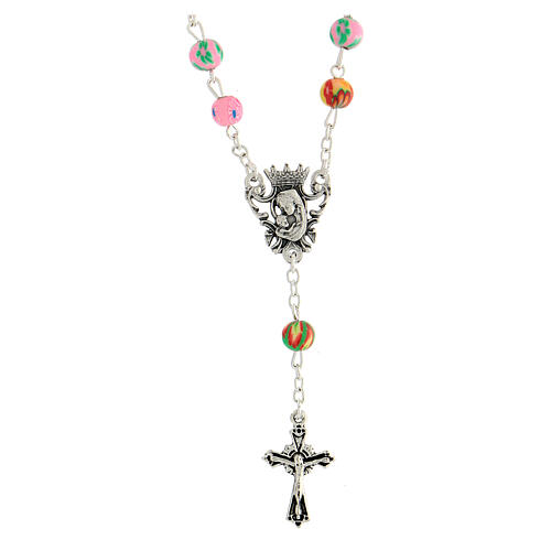 Rosary necklace with 7 mm multicolour beads and Virgin with Child's medal 1