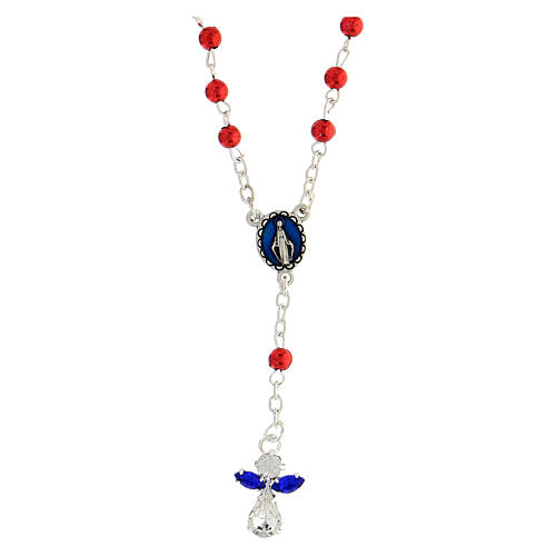 Halskette mit roten Perlen von 4 mm und Engelkreuz aus Kristall 1