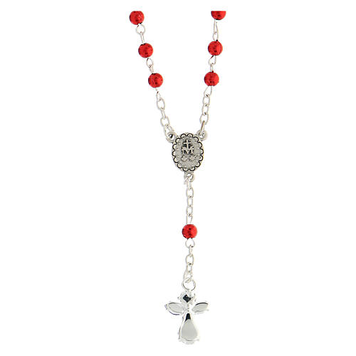 Halskette mit roten Perlen von 4 mm und Engelkreuz aus Kristall 2