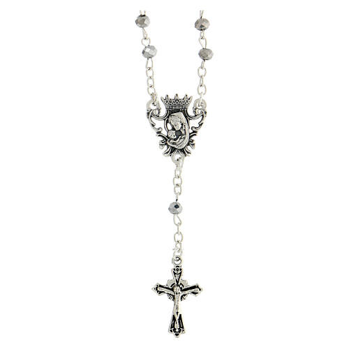Rosary necklace with 4 mm grey crystal beads and Virgin with Child 1