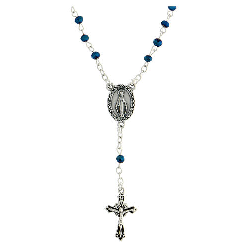 Rosary necklace with 4 mm bleu crystal beads and Miraculous Medal 1