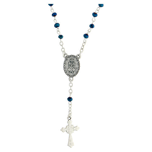 Rosary necklace with 4 mm bleu crystal beads and Miraculous Medal 2
