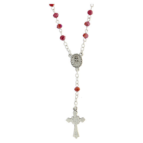 Rosary necklace with 3 mm red crystal beads and Miraculous Medal 2