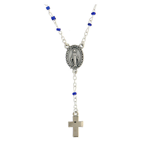 Cross rosary necklace with blue beads Miraculous medal 4 mm 1