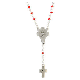 Rosary necklace with 4 mm red glass beads, Miraculous Medal and cross
