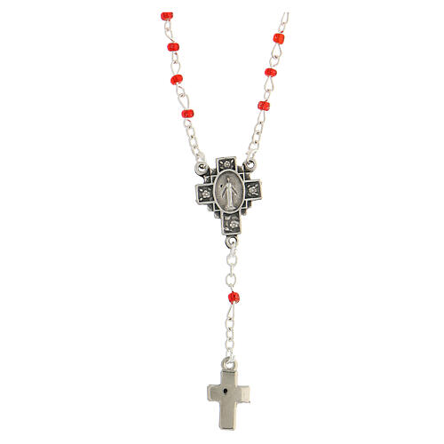 Rosary necklace with 4 mm red glass beads, Miraculous Medal and cross 1