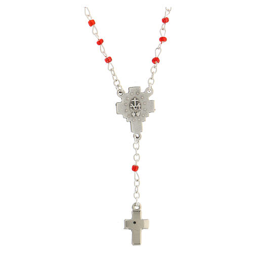 Rosary necklace with 4 mm red glass beads, Miraculous Medal and cross 2