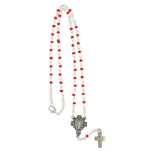 Rosary necklace with 4 mm red glass beads, Miraculous Medal and cross 3