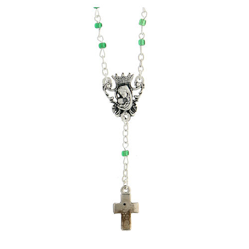 Rosary necklace with 4 mm green glass beads, Miraculous Medal and cross 1