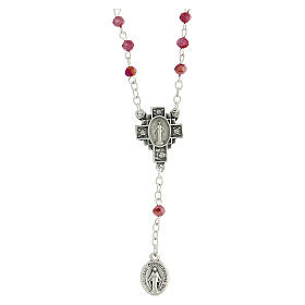 Rosenkranz-Halskette mit 4 Zehnern von 4 mm großen Perlen aus rotem Kristall und wundertätiger Madonna