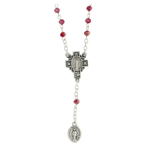 Rosenkranz-Halskette mit 4 Zehnern von 4 mm großen Perlen aus rotem Kristall und wundertätiger Madonna 1