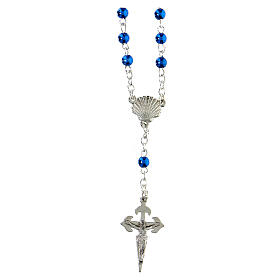 Halskette, 4 mm blaue Perlen, Jakobsmuschel, 2,5 cm Santiago Kreuz