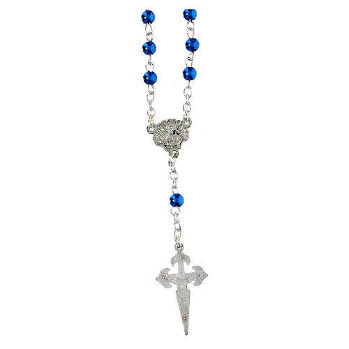 Necklace with 4 mm blue beads, shell-shaped medal and Santiago cross of 2.5 cm 2