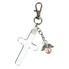 Keyring with pink angel pendant and opening cross