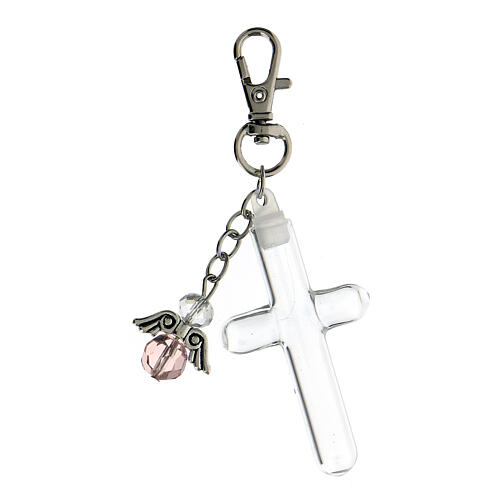 Keyring with pink angel pendant and opening cross 1