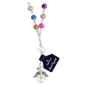 Rosary necklace with 7 mm multicolour beads and crystal angel