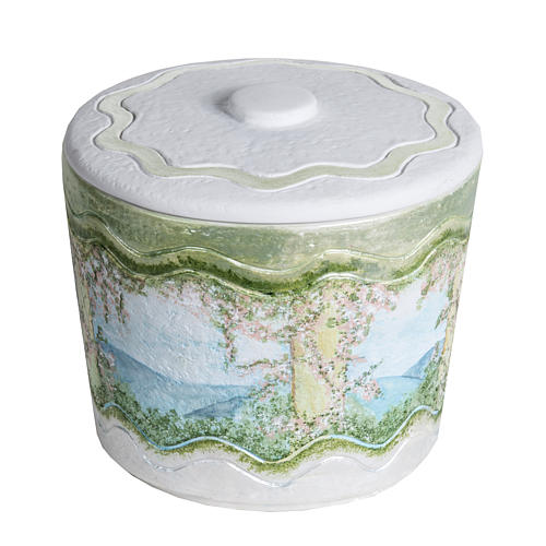 Cremation urn in synthetic marble, with handmade decorations 1