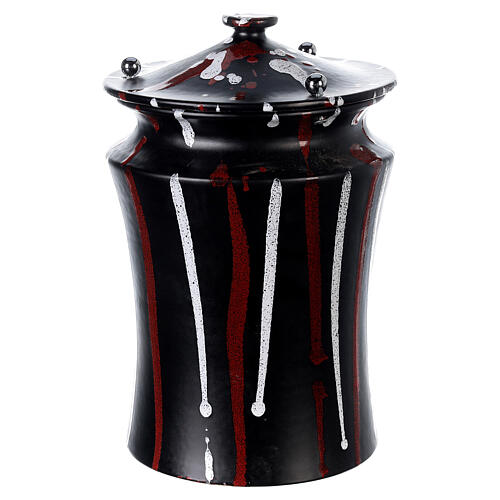 Cinerary urn in ceramic with pommels, brass, black brush strokes 1