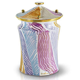 Grabartikel: Aschenurne aus Keramik Knäufe Messing weiß Fantasiemuster