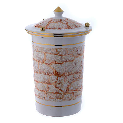 Urna cineraria cerámica con perillas blanco dorado 1