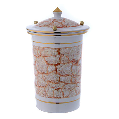 Urna cineraria cerámica con perillas blanco dorado 2