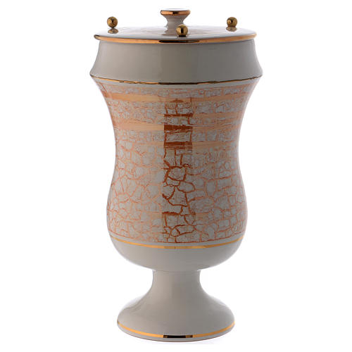 Cremation urn in ceramic, white and gold colour 1