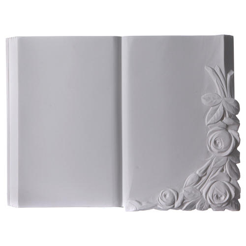 Buch Grabschild mit Rosen weiße Kunstmarmor 1