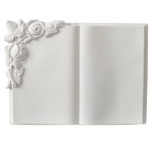 Grabschild Buch mit Rosen weiße Kunstmarmor 1