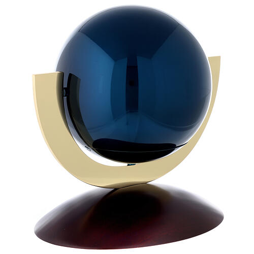 Urna cinerária Ovação esfera aço lacado azul base mogno 5