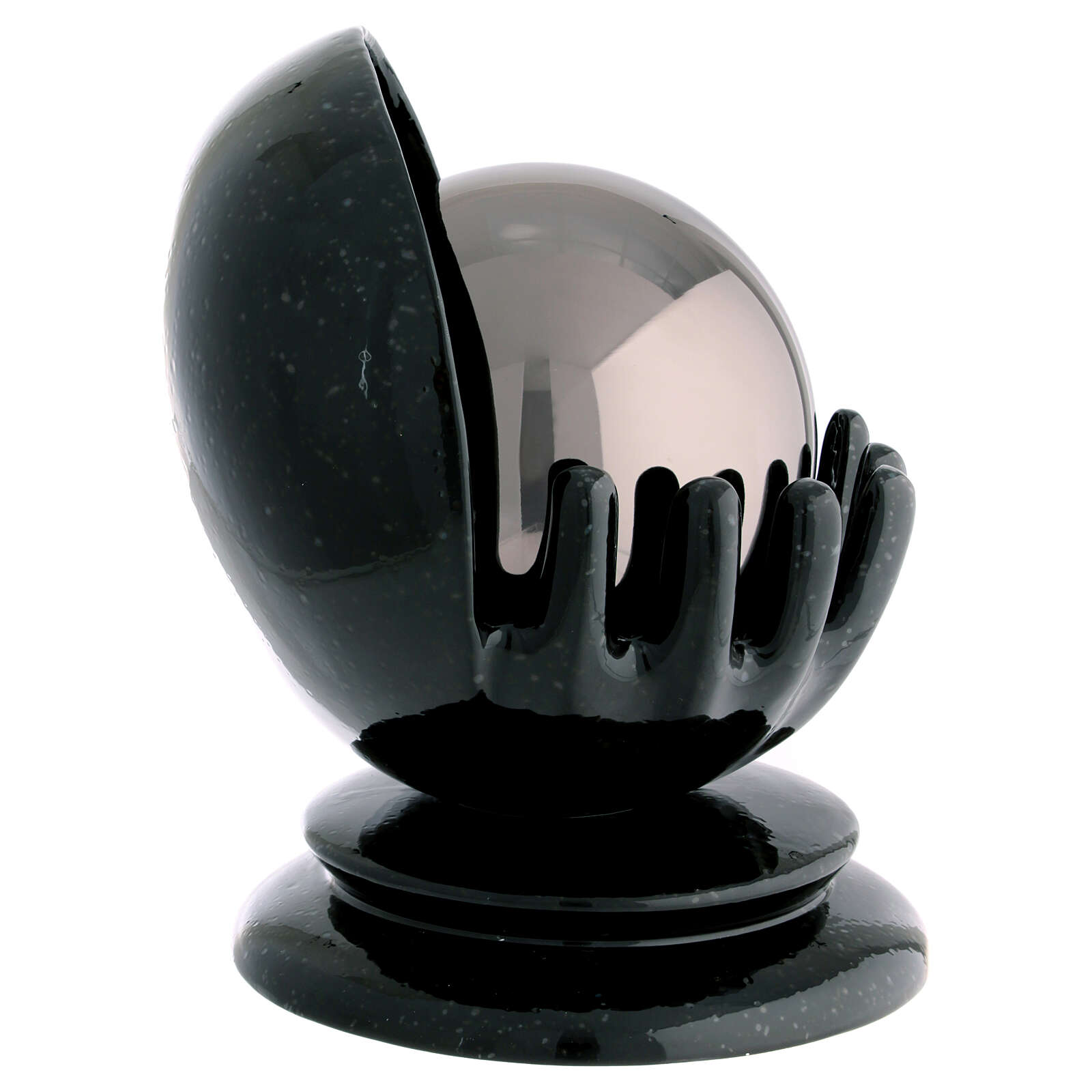 Urna cineraria sferica Mani ceramica artistica e acciaio