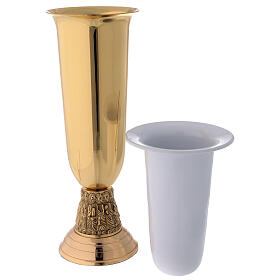 Brass flower vase with steel interior, apostle decoration