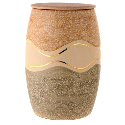 Cremation urn, green and orange marbled earthenware 3