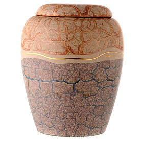 Urn for crematorium shell, green and orange marbled earthenware