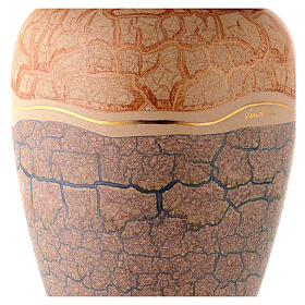 Urn for crematorium shell, green and orange marbled earthenware