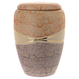 Urn for crematorium shell, green and orange marbled earthenware