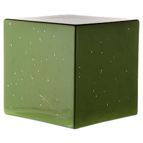 Cubic cremation urn, green earthenware