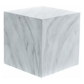 Funerary urn, glossy and smooth cube with Carrara marble effect, 5 L