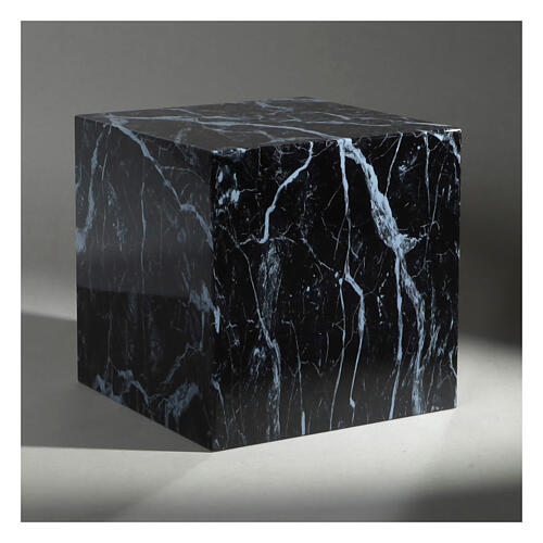 Smooth cube funeral urn with glossy black marble effect 5L 2