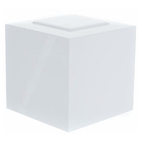 Glossy white lacquered funerary urn, embossed cube, 5 L