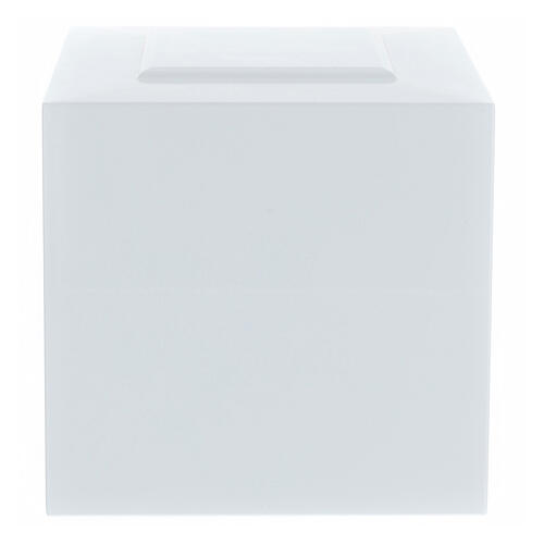 Glossy white lacquered funerary urn, embossed cube, 5 L 3