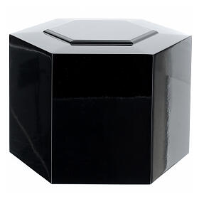 Embossed hexagonal funeral urn with glossy black lacquered finish, 5 L