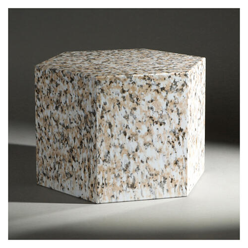 Smooth hexagon cremation urn with polished granite effect 5L 2