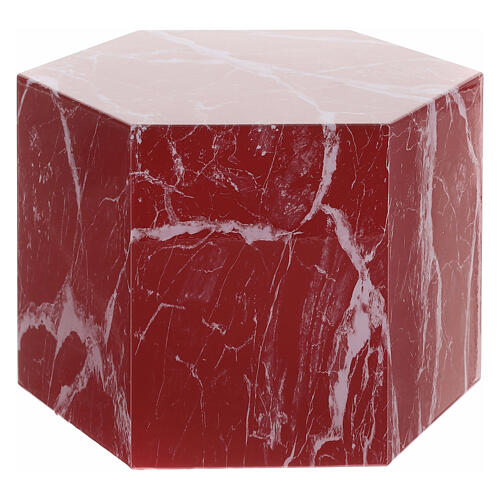 Smooth funerary urn, polished red-veined marble hexagon, 5 L 1