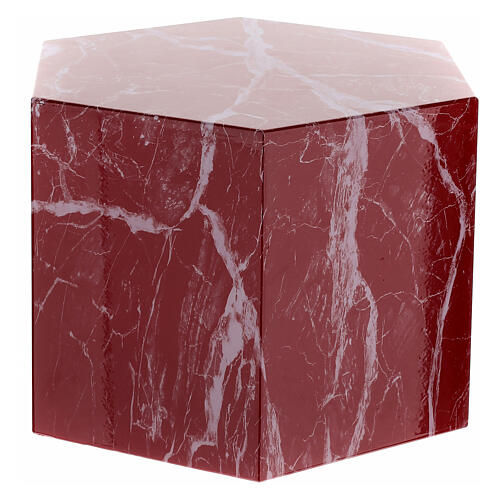 Smooth funerary urn, polished red-veined marble hexagon, 5 L 3