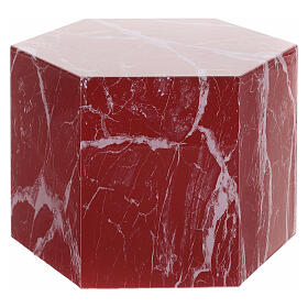 Smooth hexagon cinerary urn with shiny red veined marble effect 5L